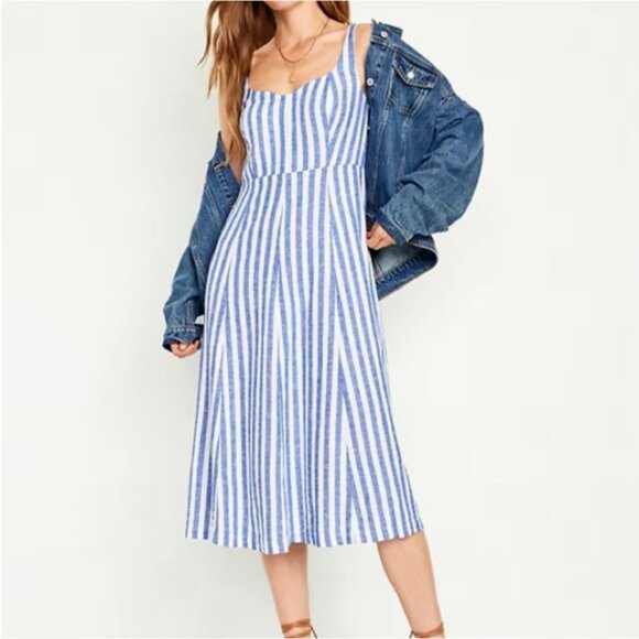 Fit & Flare Blue & White Striped Linen-Blend Midi Tank Dress XL Petite - Picture 1 of 9